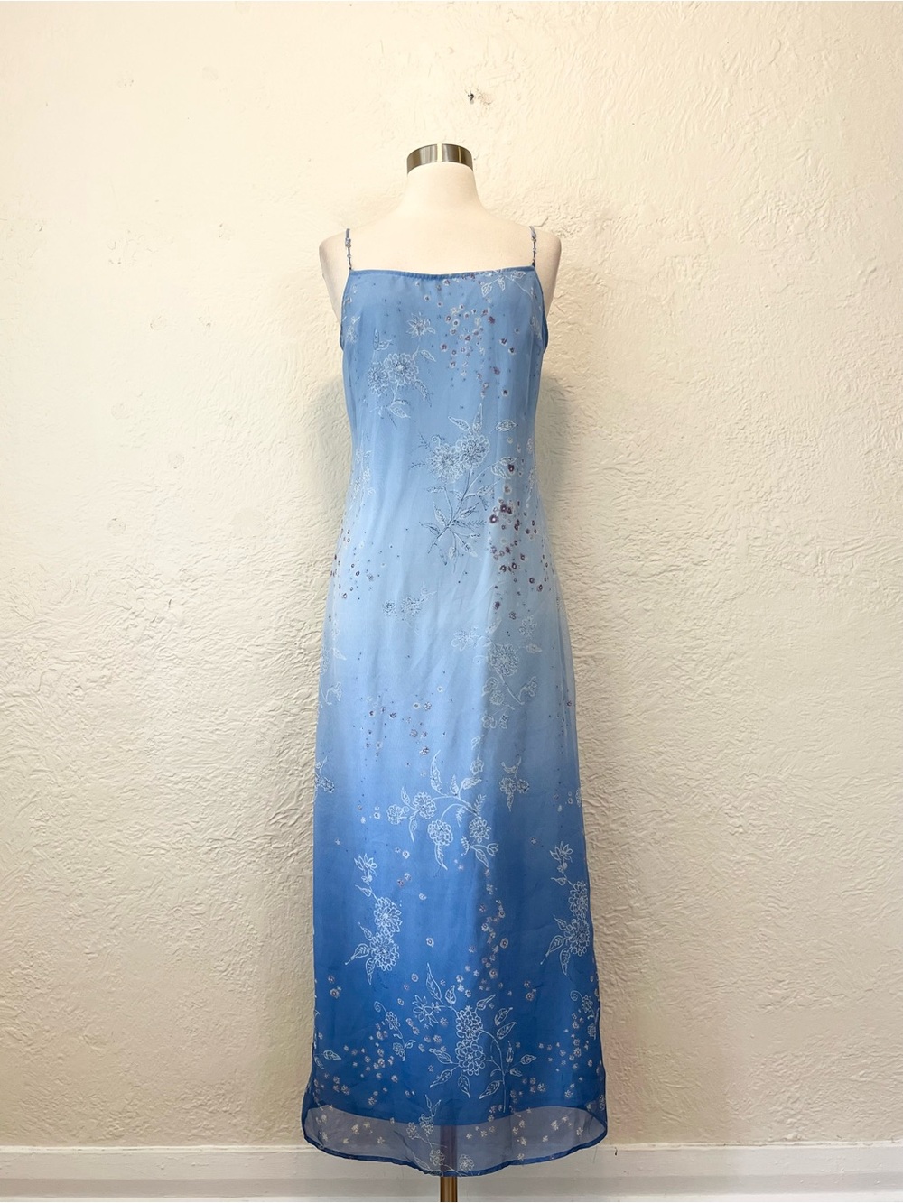 Vintage 90s Y2K Slip Dress Blue Floral Mesh Chiffon Fairy Whimsy Beaded 7/8